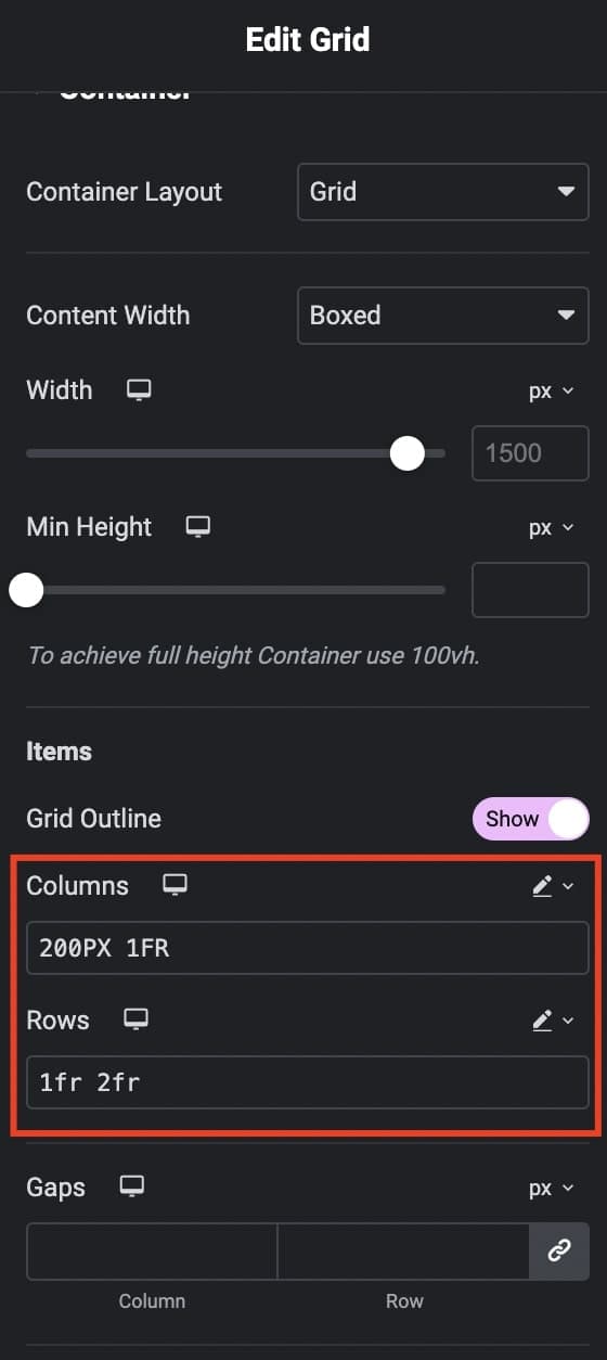 Set Grid rows and columns number and custom measurement in Elementor