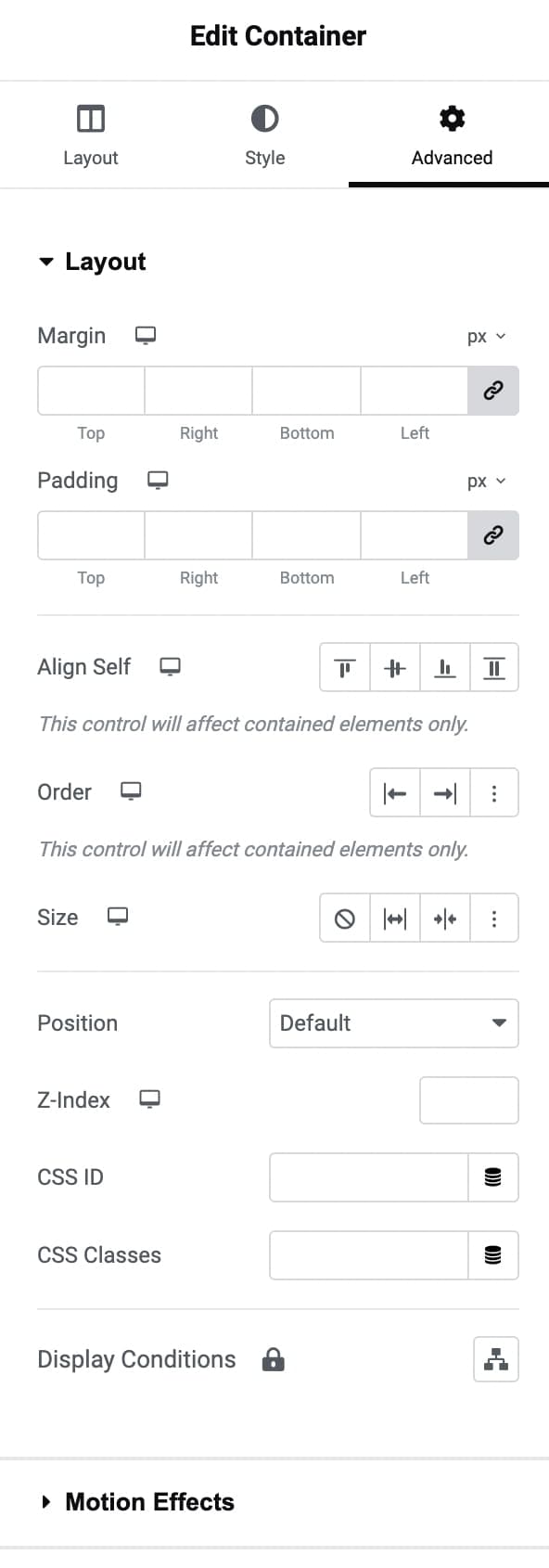 Container Advanced options in Elementor