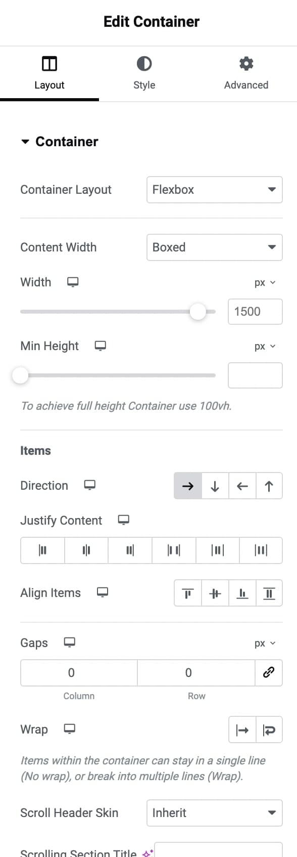 Container Layout options in Elementor