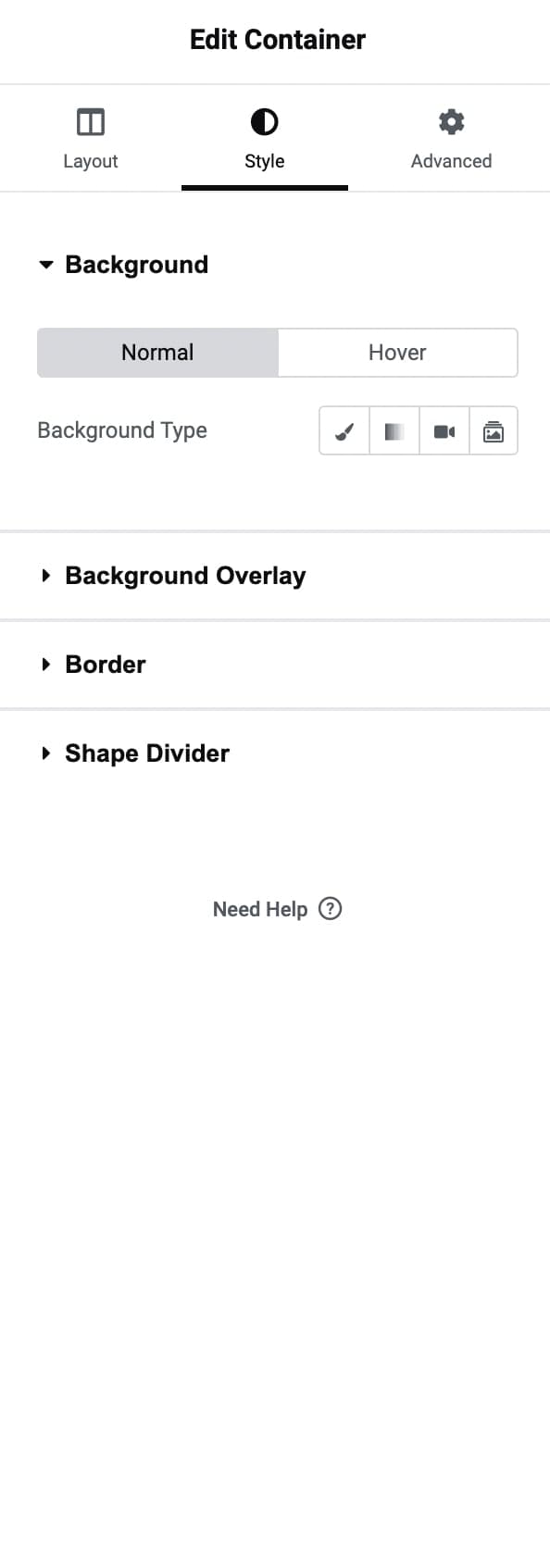Container Style options in Elementor