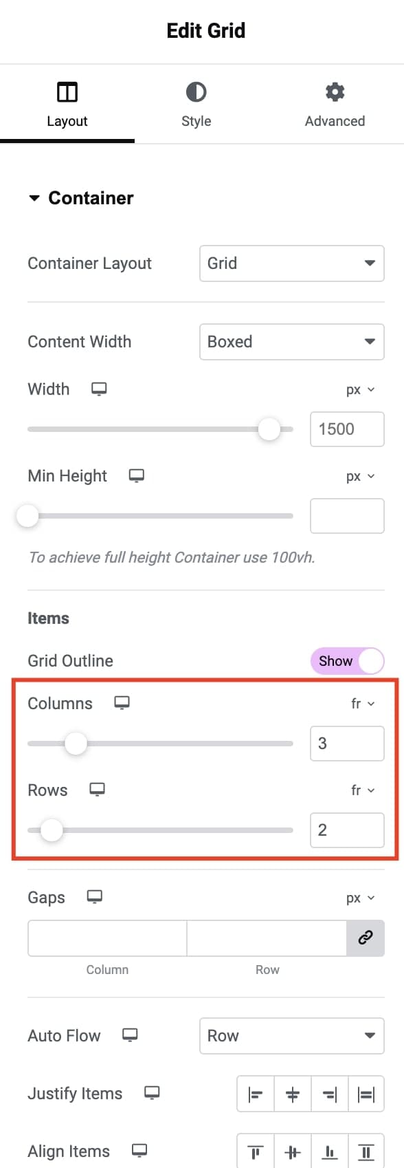 Grid Layout options in Elementor